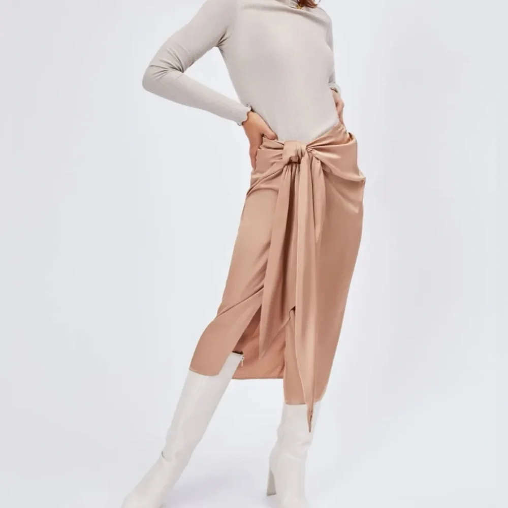 Satin Tie Front Slit Midi Skirt - Khaki - Picture 2 of 8